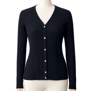 EXPRESS Black Ribbed V Neck Button Up Long Sleeve Cardigan Sweater Womens M